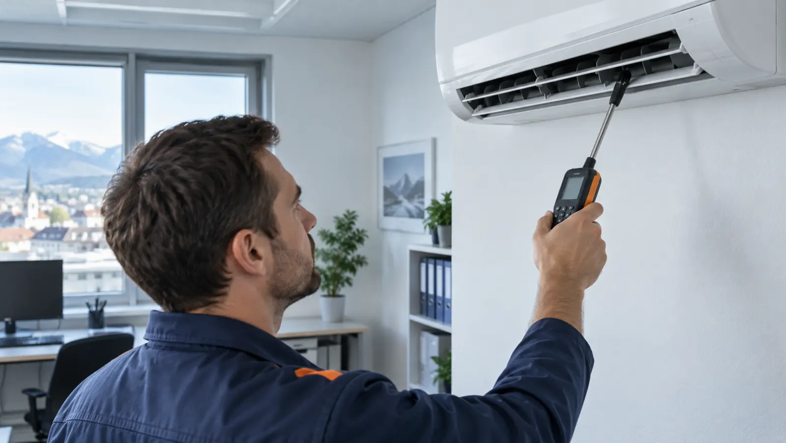 Techniker misst die Zulufttemperatur an einer Büro-Klimaanlage