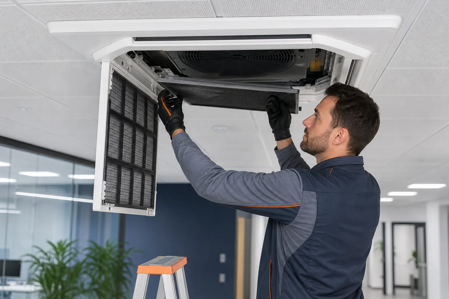 Techniker entfernt den Filter einer gewerblichen Deckenkassette fuer die Reinigung vor dem Sommerstillstand
