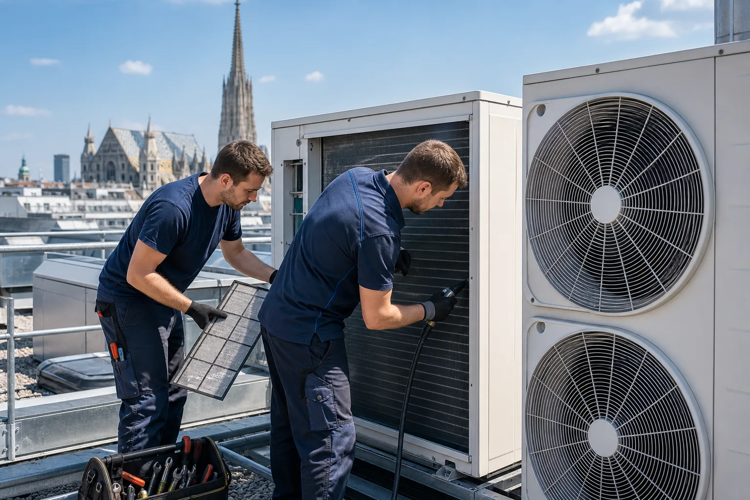 Servicetechniker prueft auf einem Wiener Flachdach eine gewerbliche Klimaanlage vor dem geplanten Stillstand
