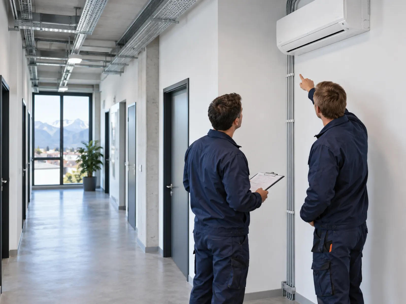 Techniker prüfen in einem Büro den vorgesehenen Montageort und die Serviceabstände einer Klimaanlage