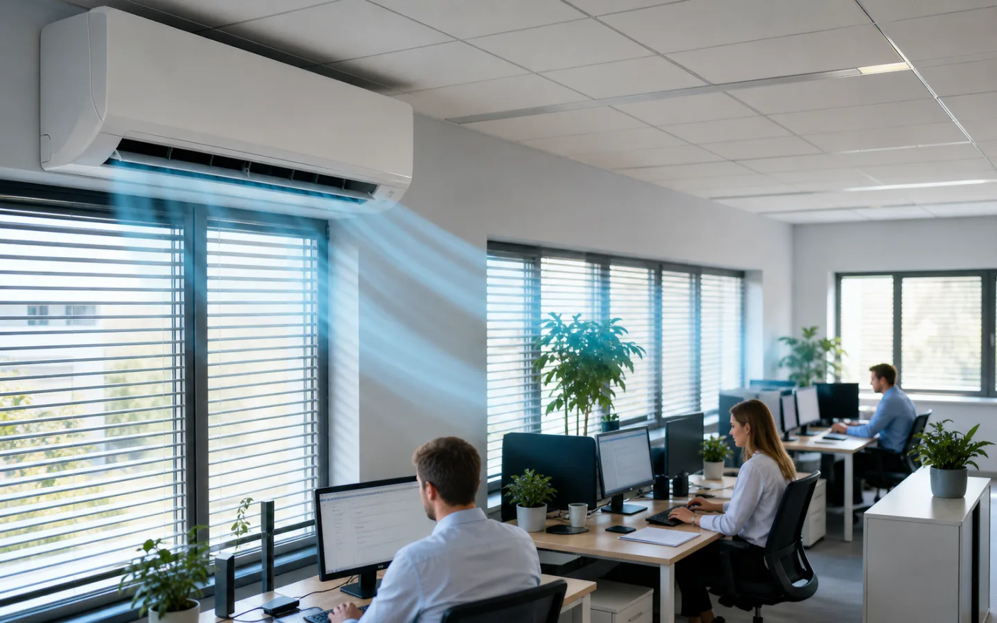 Büro-Klimaanlage verteilt gekühlte Luft über Arbeitsplätze bei geschlossenen Außenjalousien