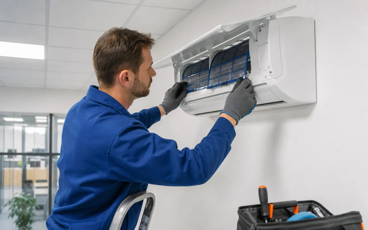 Techniker kontrolliert Filter und Kondensatbereich einer Büro-Klimaanlage