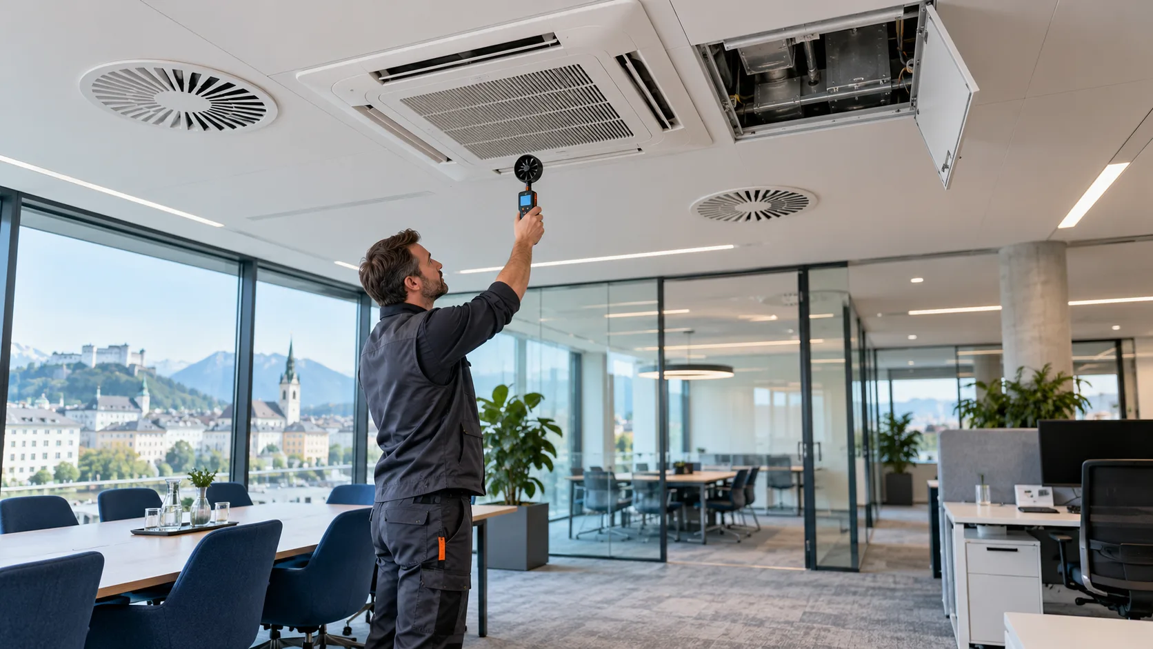 Techniker misst den Luftstrom an einer geöffneten Deckenkassette in einem modernisierten Büro