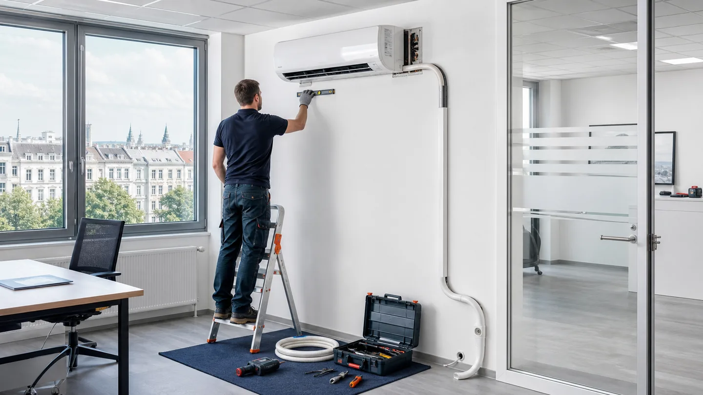 Techniker plant den Einbau einer Split-Klimaanlage in einem Wiener Gewerberaum