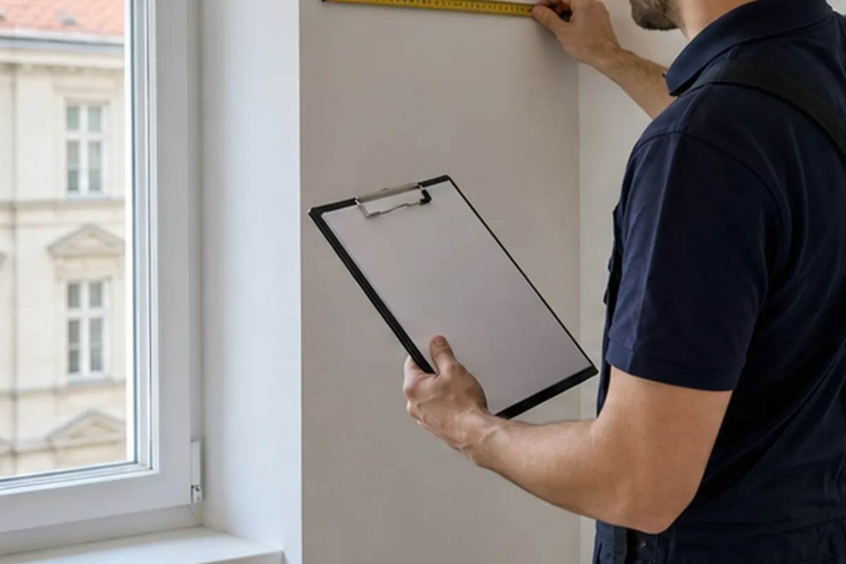 Kältetechniker vermisst eine Innenwand in einer Wiener Gemeindewohnung für ein Split-Klimagerät