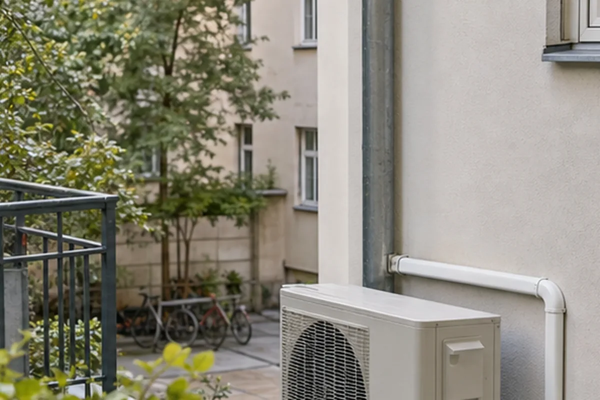 Diskret aufgestelltes Außengerät einer Split-Klimaanlage in einem Wiener Innenhof