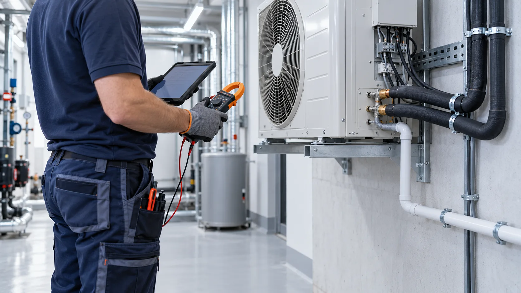 Techniker dokumentiert Wartungsmessungen an einer Klimaanlage im Technikraum eines Gewerbeobjekts