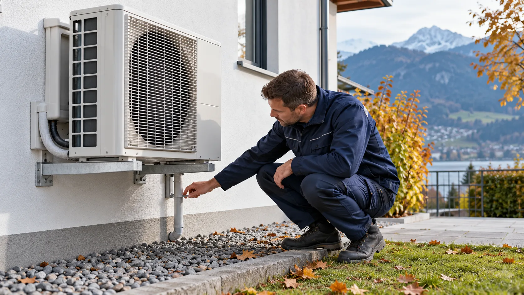 Außengerät einer Split-Klimaanlage mit freiem Luftstrom im Herbst