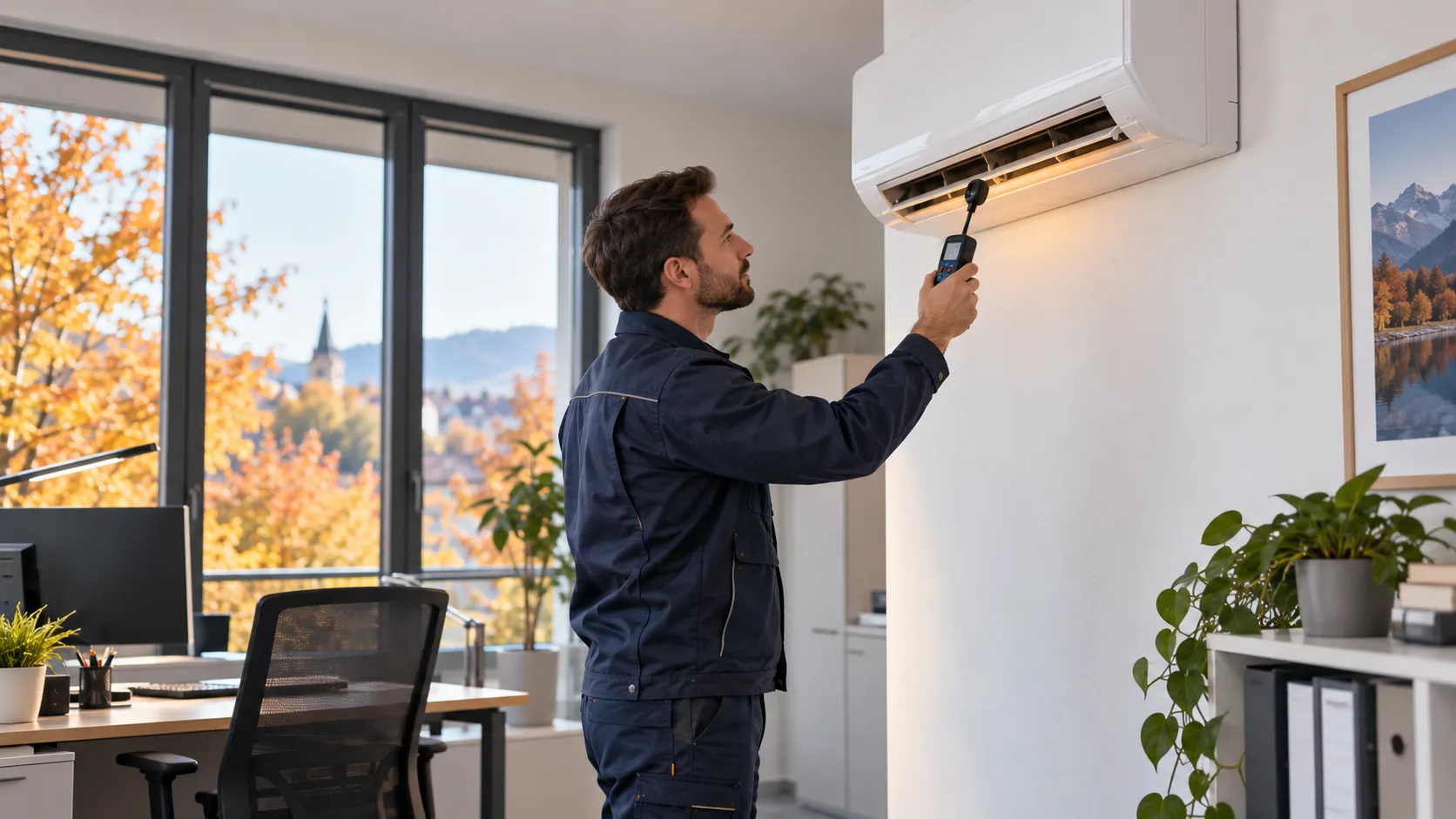 Techniker prüft die Lufttemperatur einer Split-Klimaanlage im Büro