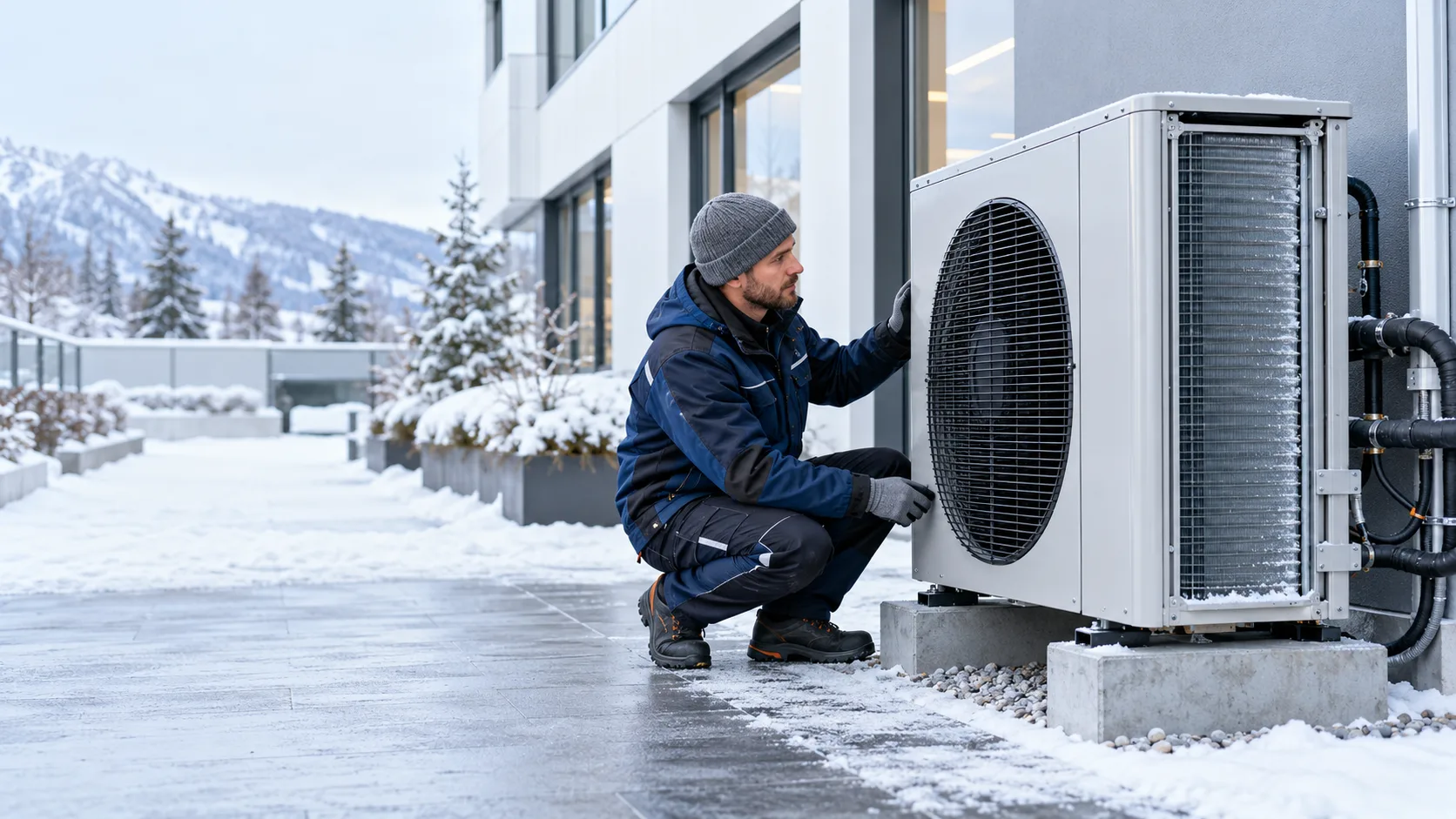 Servicetechniker prüft ein Außengerät einer gewerblichen Klimaanlage im Herbst