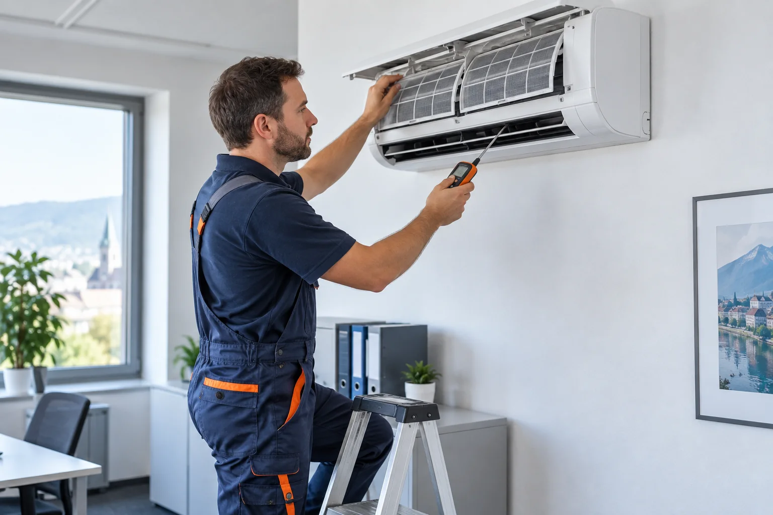 Servicetechniker prüft Filter und Lufttemperatur an einer Split-Klimaanlage im Büro