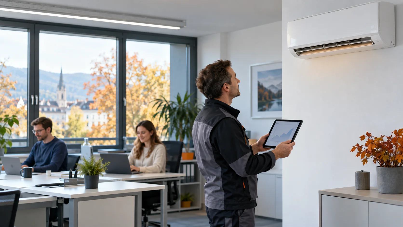 Fachkraft prüft eine Split-Klimaanlage im Heizbetrieb in einem österreichischen Büro