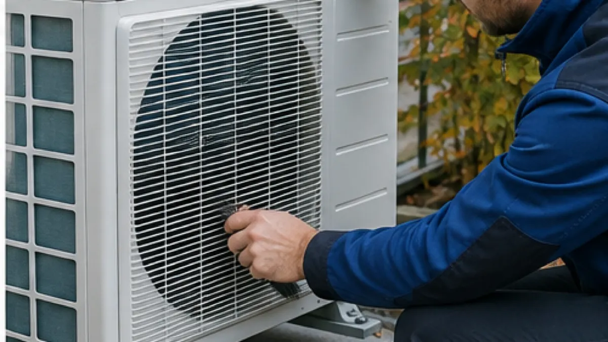 Techniker kontrolliert ein freistehendes Klimaanlagen-Außengerät im österreichischen Herbst
