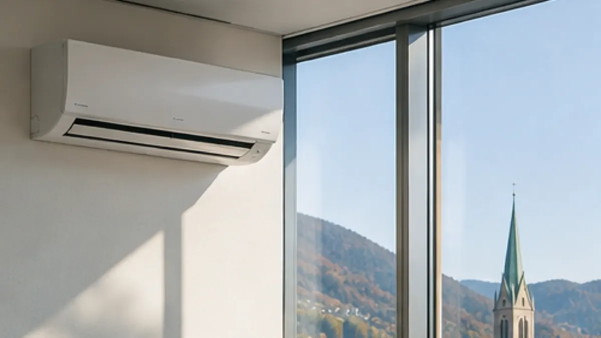 Modernes österreichisches Büro mit Split-Klimaanlage an einem klaren Herbsttag