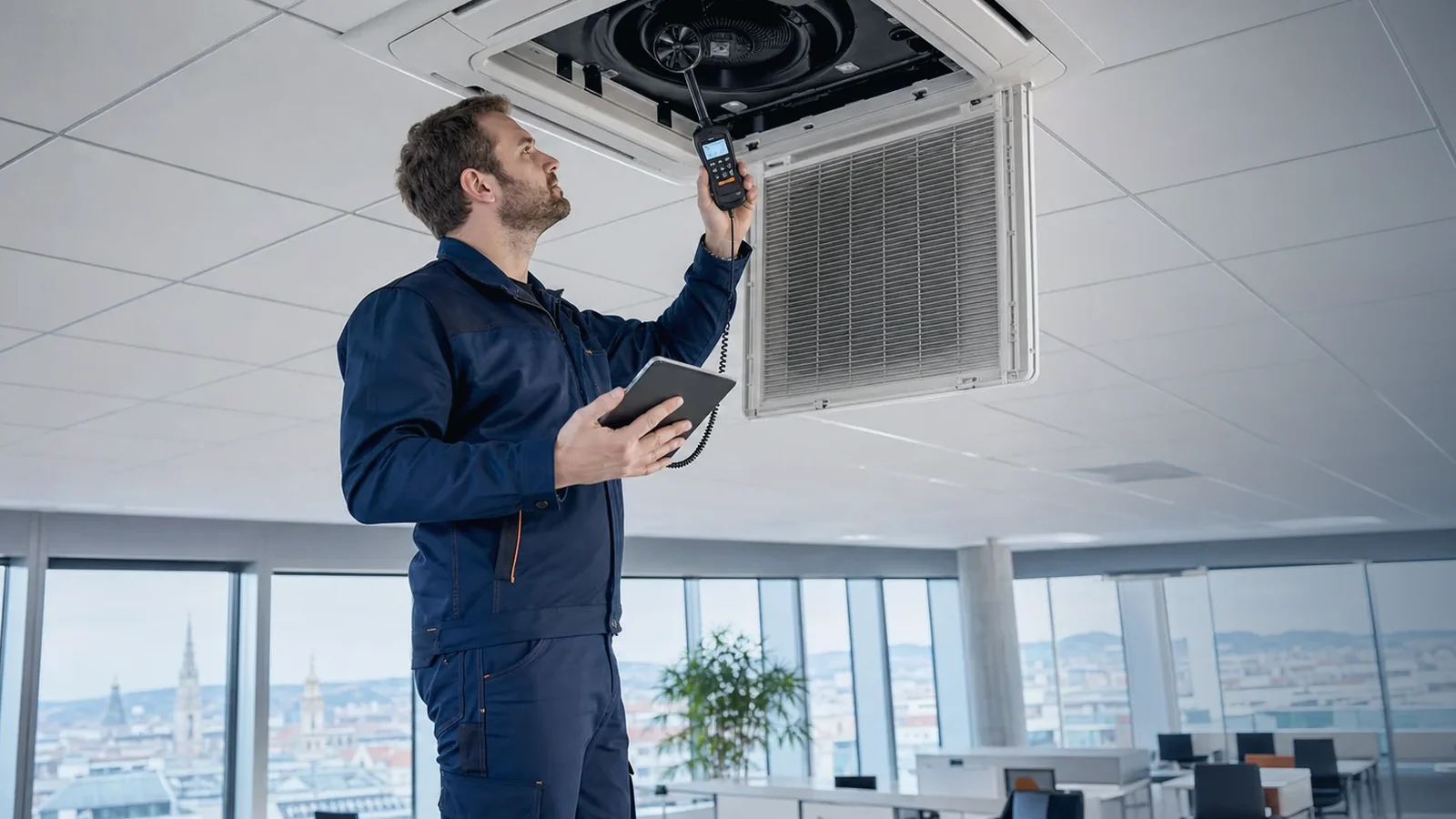 Servicetechniker nimmt in einem Wiener Buero eine neue Klimaanlage in Betrieb und prueft Messwerte am Tablet