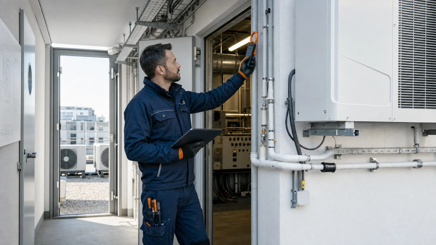 Technische Begehung mit Grundriss, Messgeraet und gewerblichen Klimageraeten in einem Wiener Bestandsobjekt