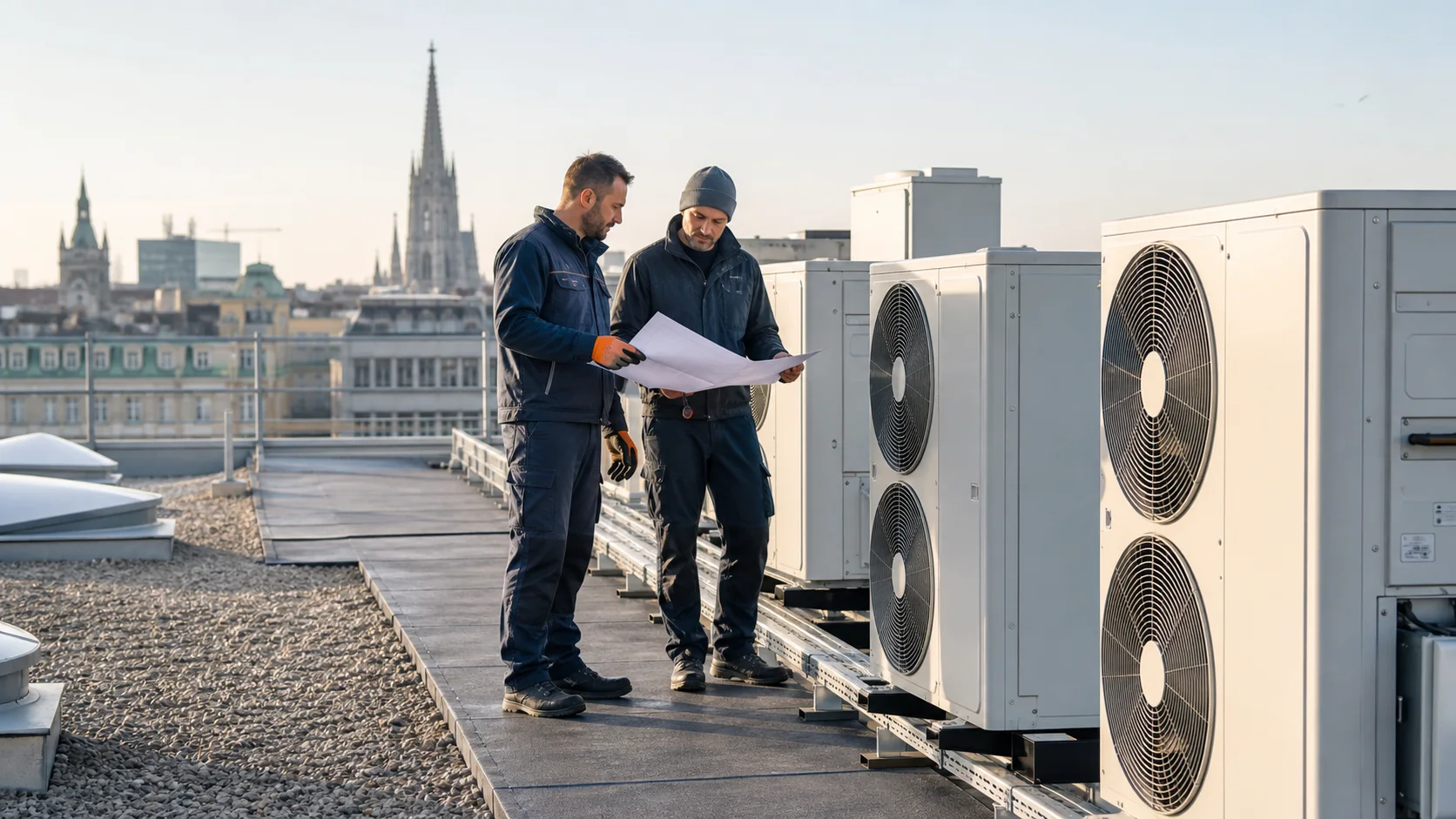 Gewerbliche Klimaanlagenplanung auf einem Wiener Dach mit Aussengeraeten, Leitungsweg und technischer Begehung