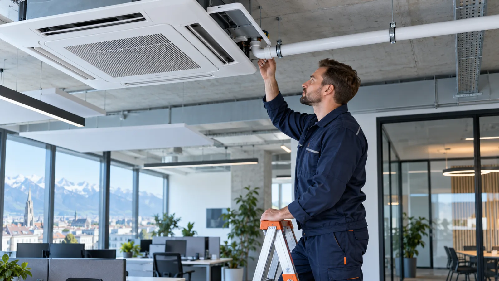 Techniker prüft eine sauber verlegte Kondensatleitung an einer modernen Klimaanlage im Büro