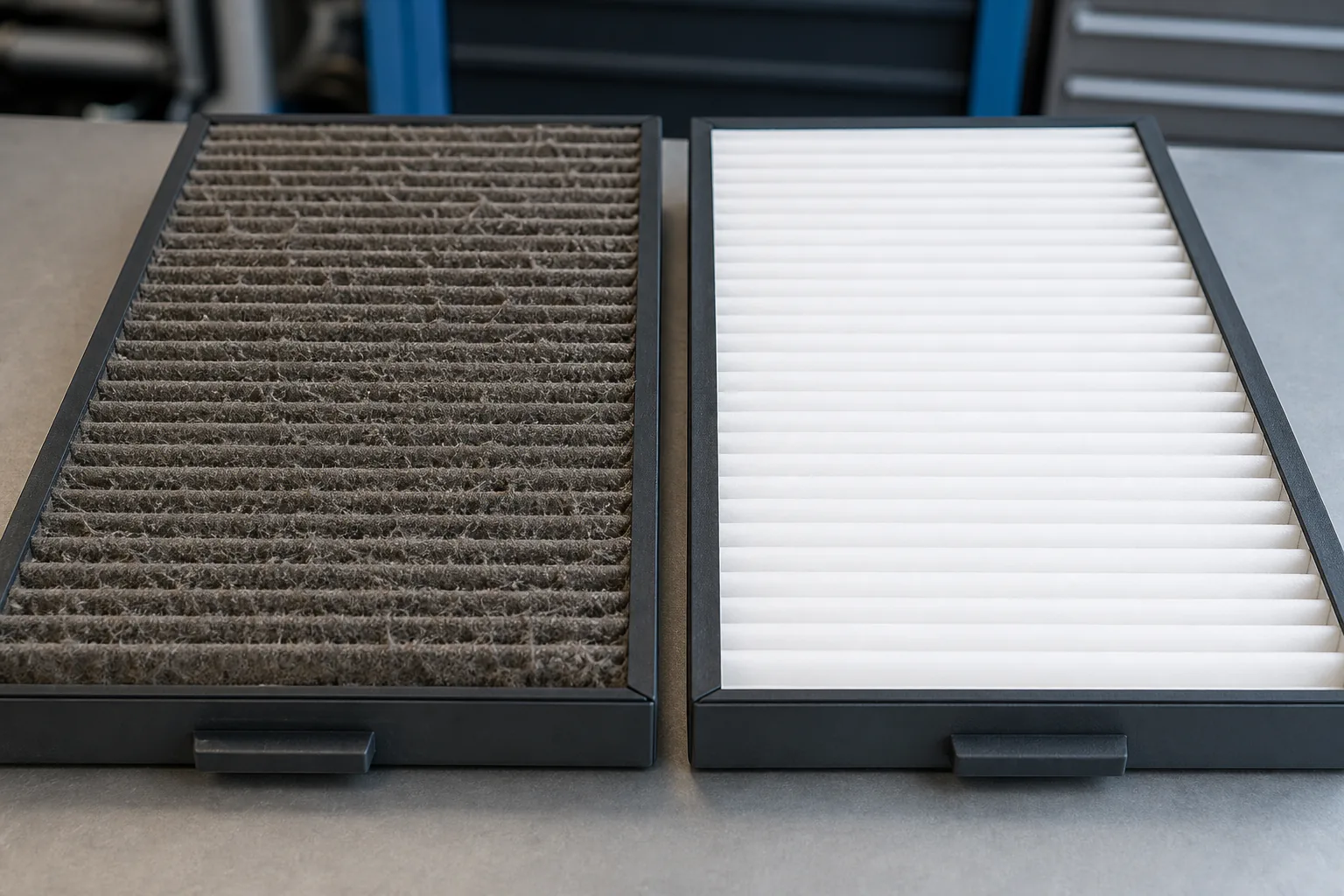 Verschmutzter Filter einer Klimaanlage im Vergleich zu einem sauberen Filter, aufgenommen in neutraler Umgebung