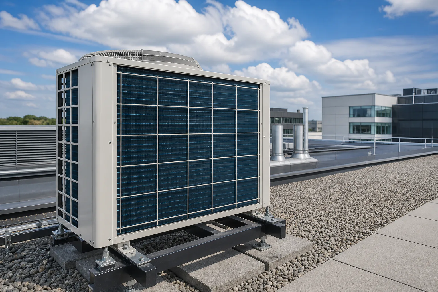 Außengerät einer Klimaanlage auf einem Flachdach mit freiem Luftstrom und sauberem Wärmetauscher, aufgenommen in moderner Industrieumgebung