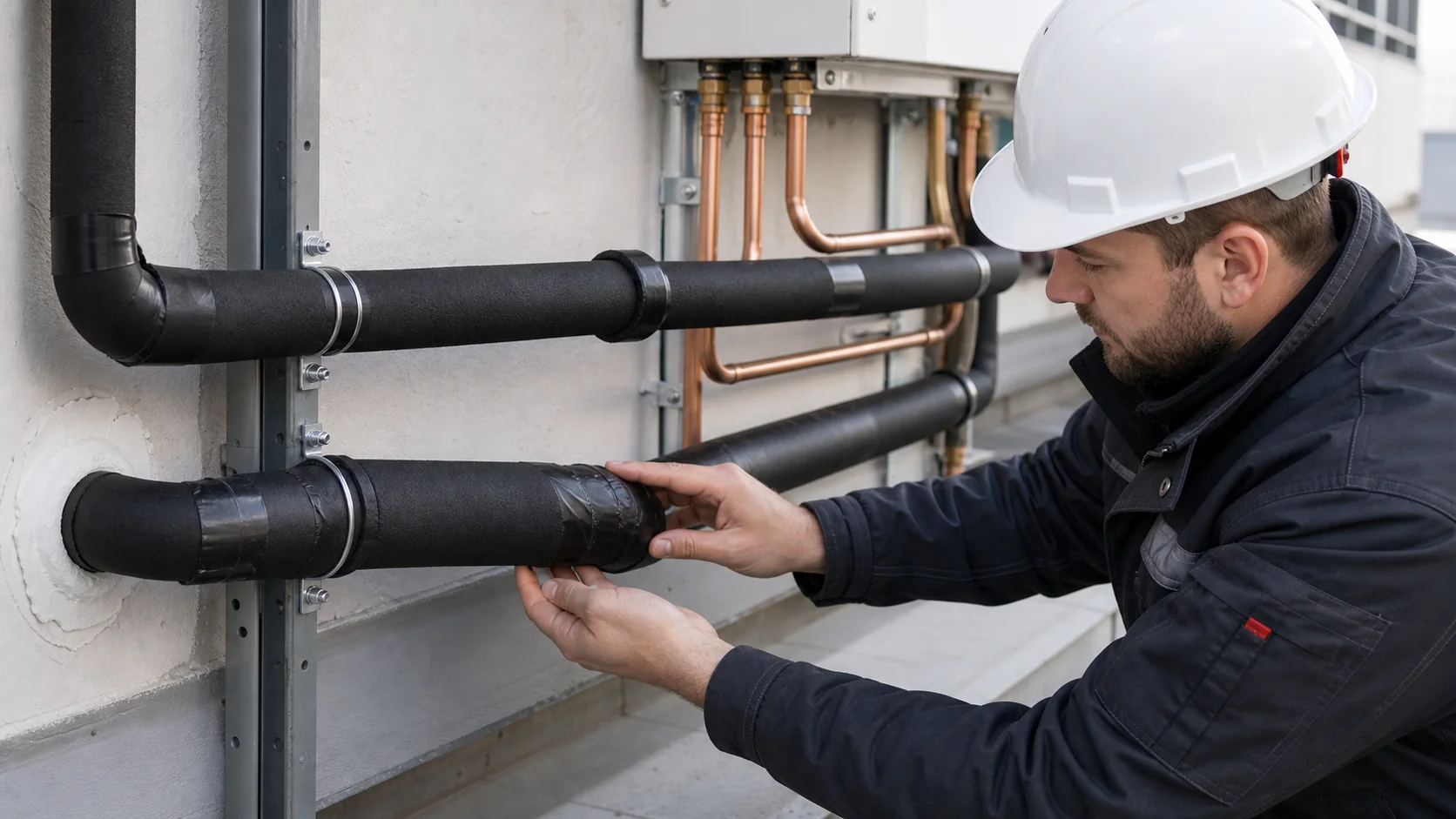 Techniker prueft die diffusionsdichte Daemmung und Halterung von Kupferleitungen an einer gewerblichen Klimainstallation
