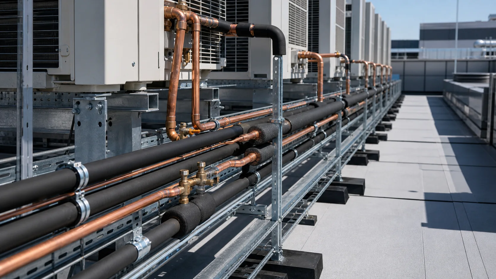 Sauber verlegte Kupferleitungen mit Daemmung und Montageschienen an einer gewerblichen Klimaanlage