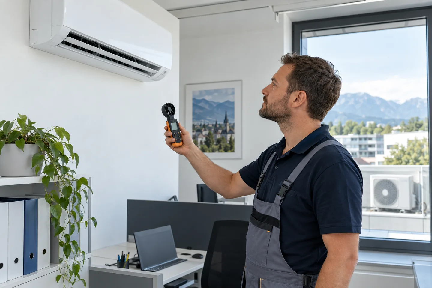 Techniker prüft den Lüfternachlauf einer Split-Klimaanlage in einem österreichischen Büro