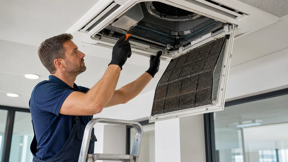 Techniker prüft Filter, Wärmetauscher und Luftmenge an einer gewerblichen Klimaanlage