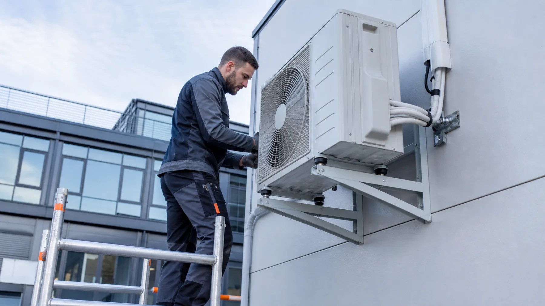 Techniker montiert ein Außengerät einer Split-Klimaanlage auf einer Konsole an einer Betriebsfassade
