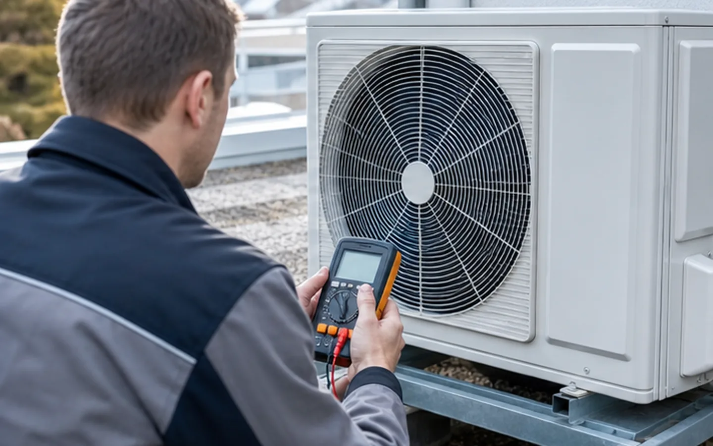 Servicetechniker prüft ein Klimaanlagen-Außengerät nach einer Netzunterbrechung