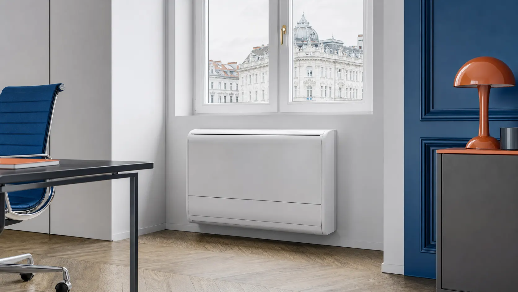 Fest installiertes Monoblock-Klimagerät ohne Außeneinheit in einem renovierten Wiener Büro