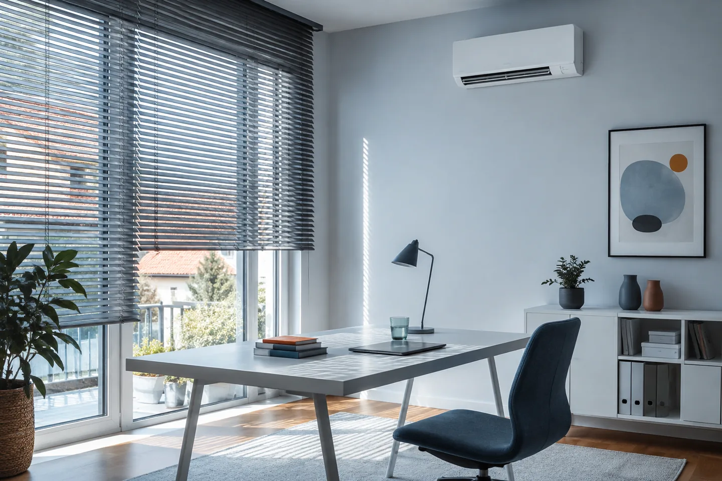 Beschattetes Arbeitszimmer mit Split-Klimaanlage