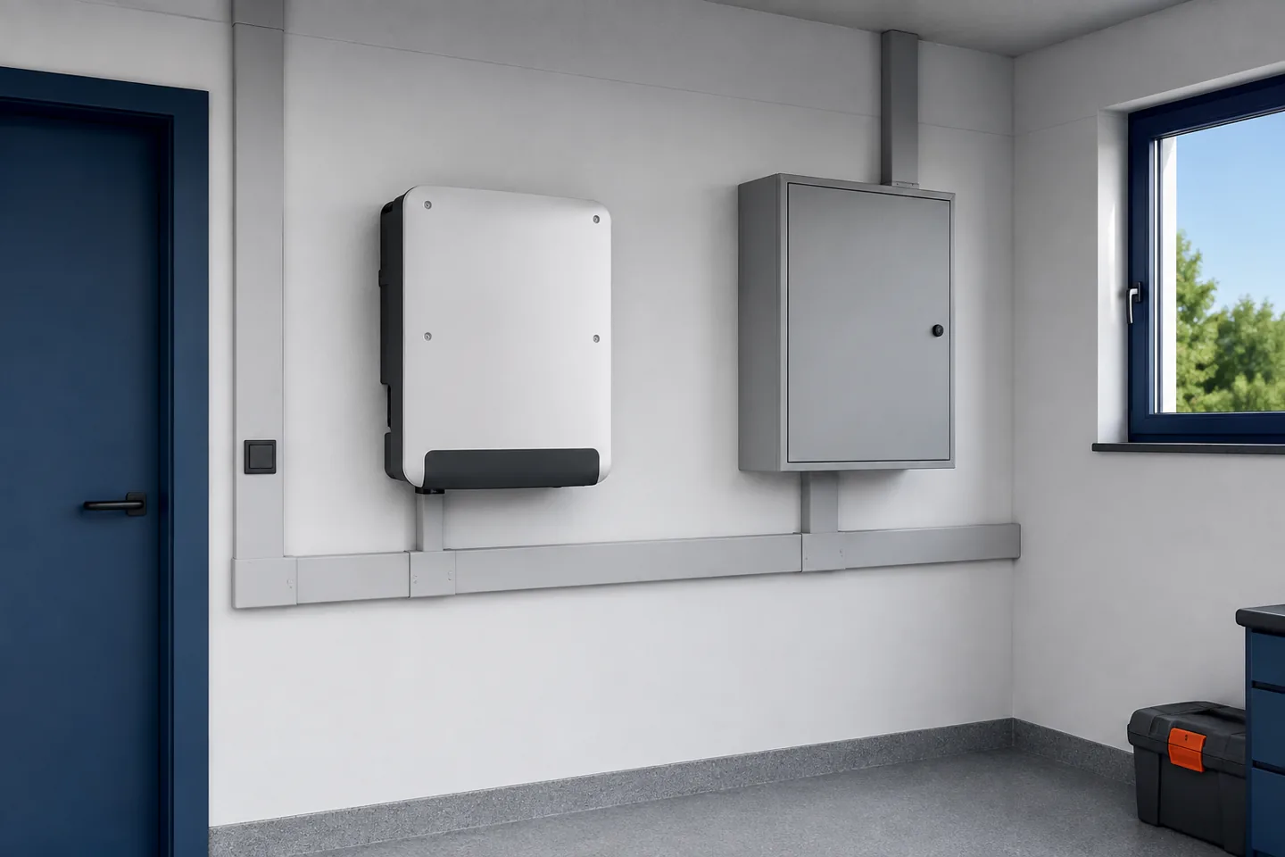 Geschlossene Wechselrichter- und Elektrogehäuse in einem Technikraum