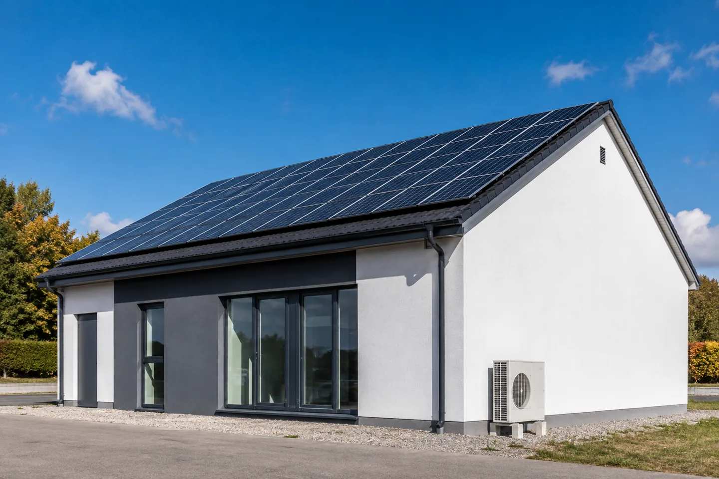 Gewerbegebäude mit Photovoltaik am Dach und Klimaanlagen-Außengerät