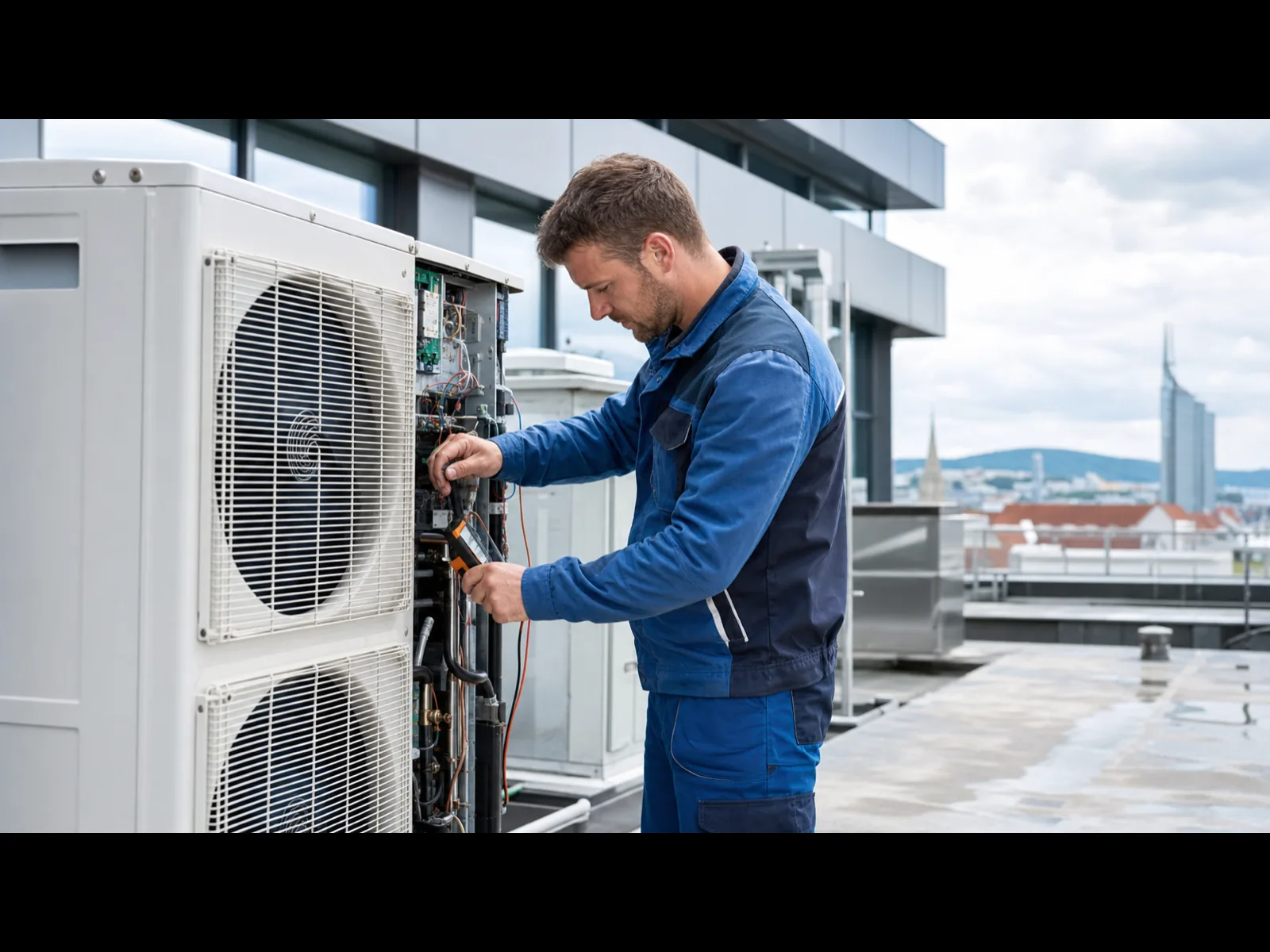 Techniker liest Messwerte an einem Steuergerät einer gewerblichen Klimaanlage aus