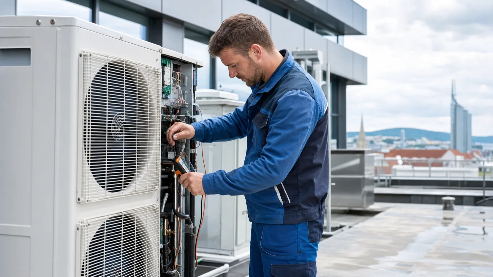 Servicetechniker prüft eine gewerbliche Klimaanlage im Technikraum eines Betriebs in Österreich