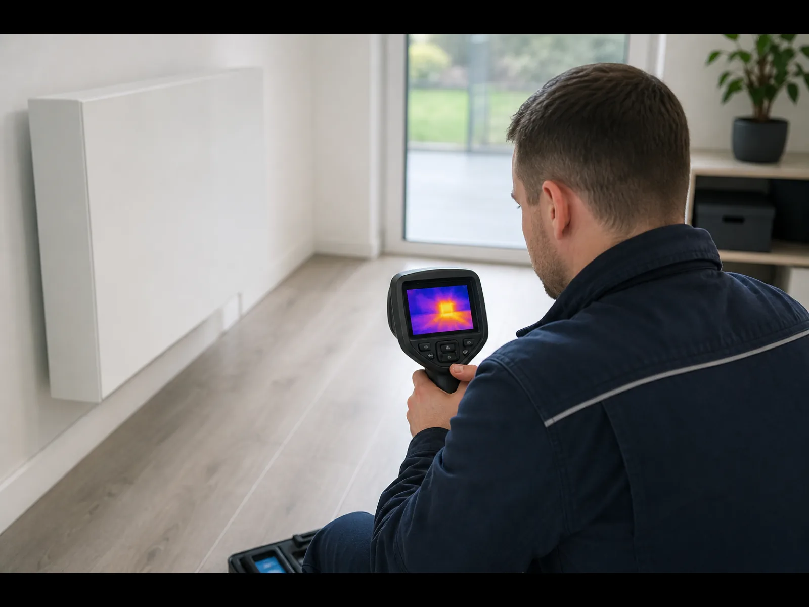Wartungs- und Reparaturprotokoll auf einem Tablet vor einer gewerblichen Klimaanlage