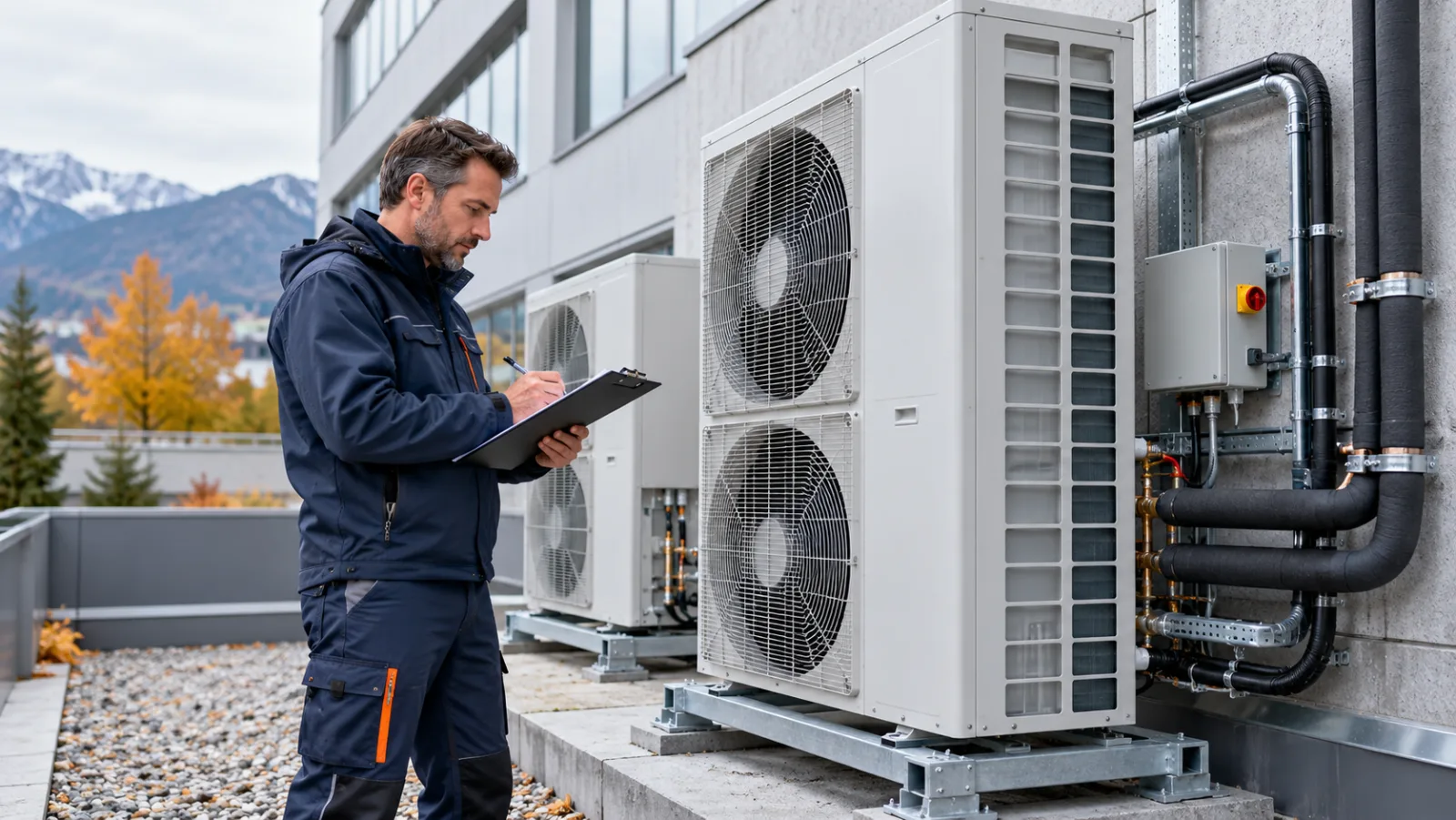 Techniker prüft ein Klimaanlagen-Außengerät an einem Bürogebäude vor dem Winterbetrieb