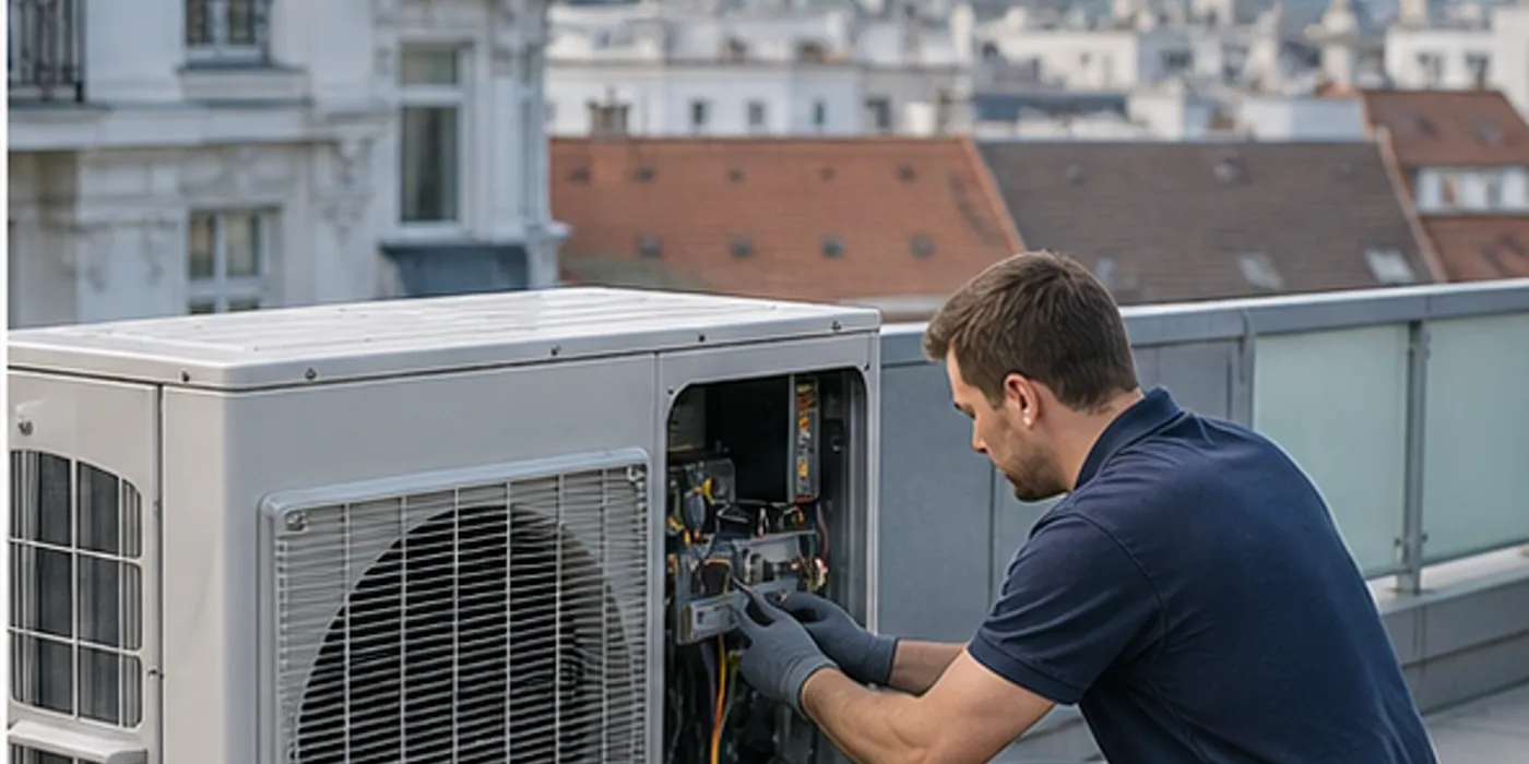 Servicetechniker arbeitet an einem Aussengeraet einer Klimaanlage auf einem Wiener Dach