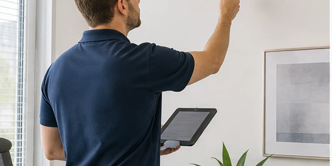 Techniker prueft eine Split-Klimaanlage in einem Wiener Betrieb mit Tablet und Messgeraet