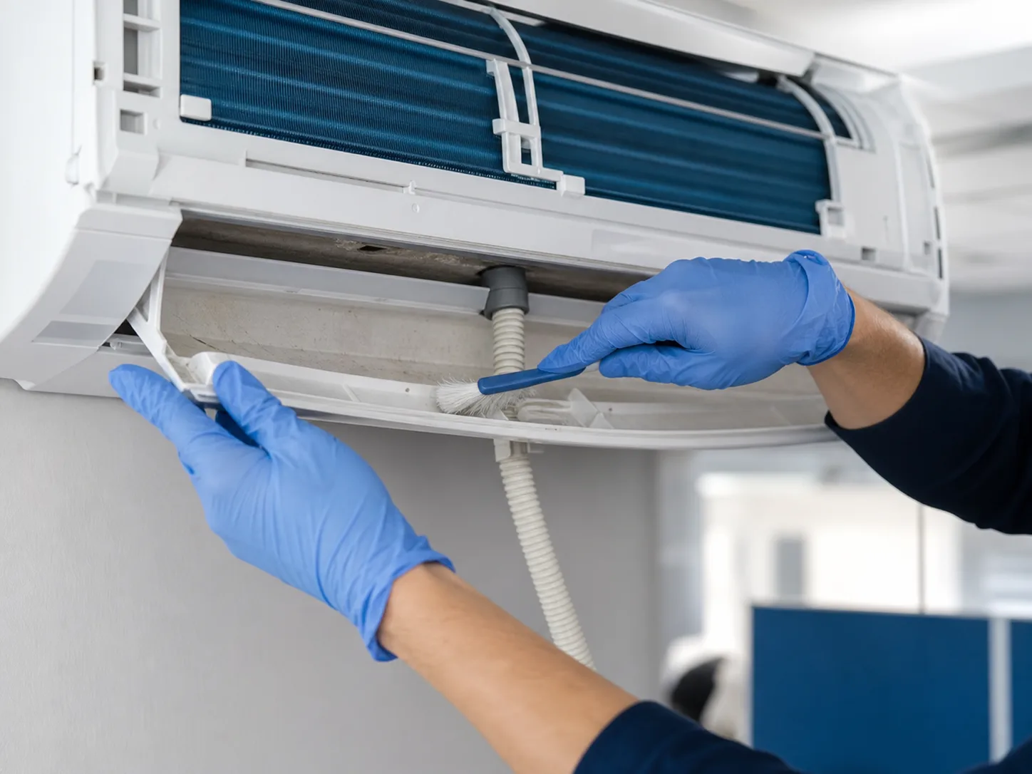 Servicetechniker reinigt Kondensatwanne und prüft den Kondensatablauf einer Klimaanlage mit Werkzeug und Taschenlampe