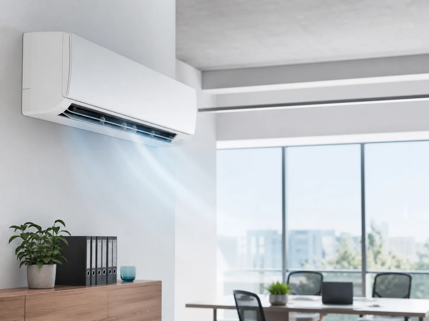 Innengerät einer gewerblichen Klimaanlage in einem Büro, die Luft ausbläst; hygienische, saubere Umgebung