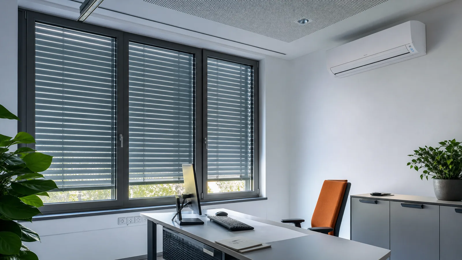 Beschattetes Büro mit effizient laufender Klimaanlage an einem Hitzetag