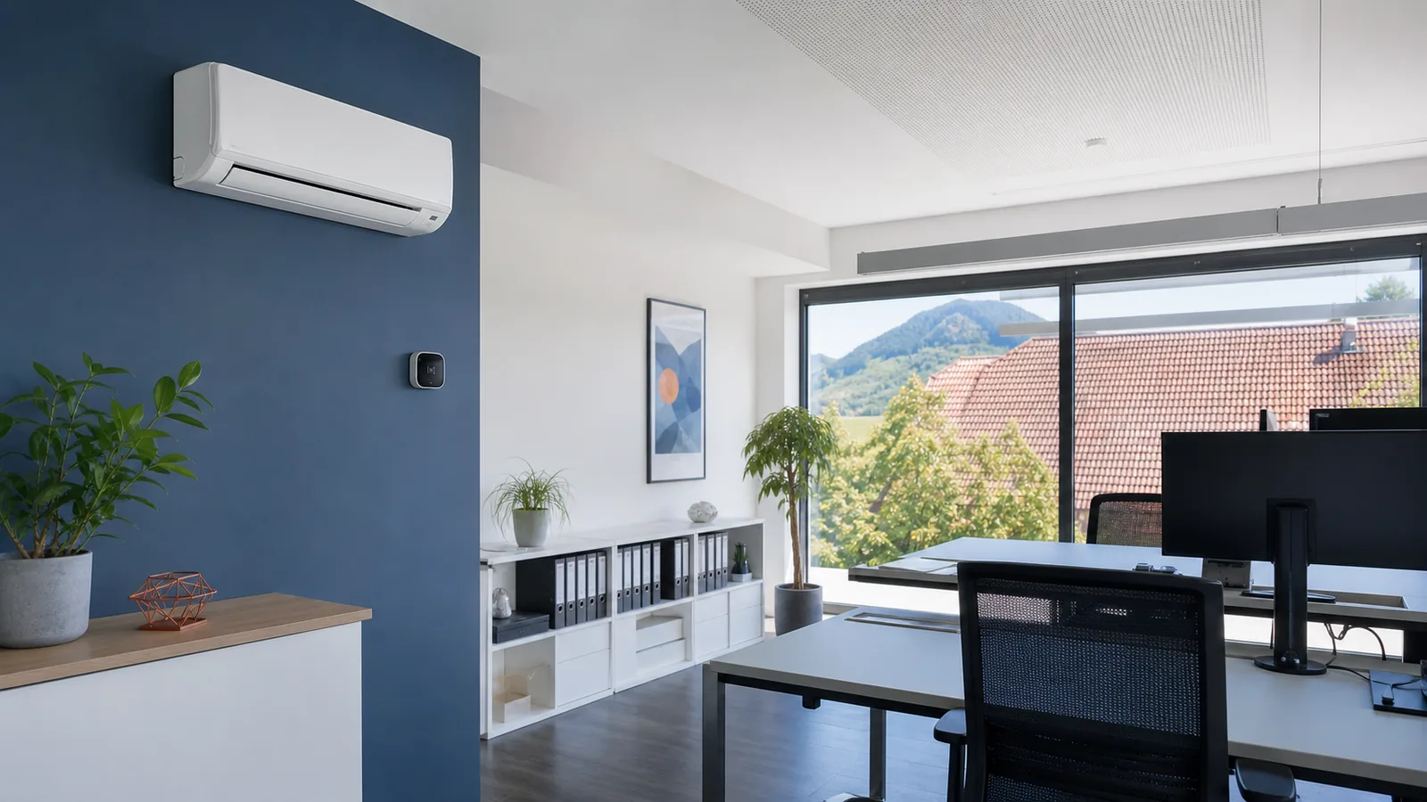 Moderne Split-Klimaanlage in einem hellen österreichischen Büro mit sichtbarem Energiemonitoring
