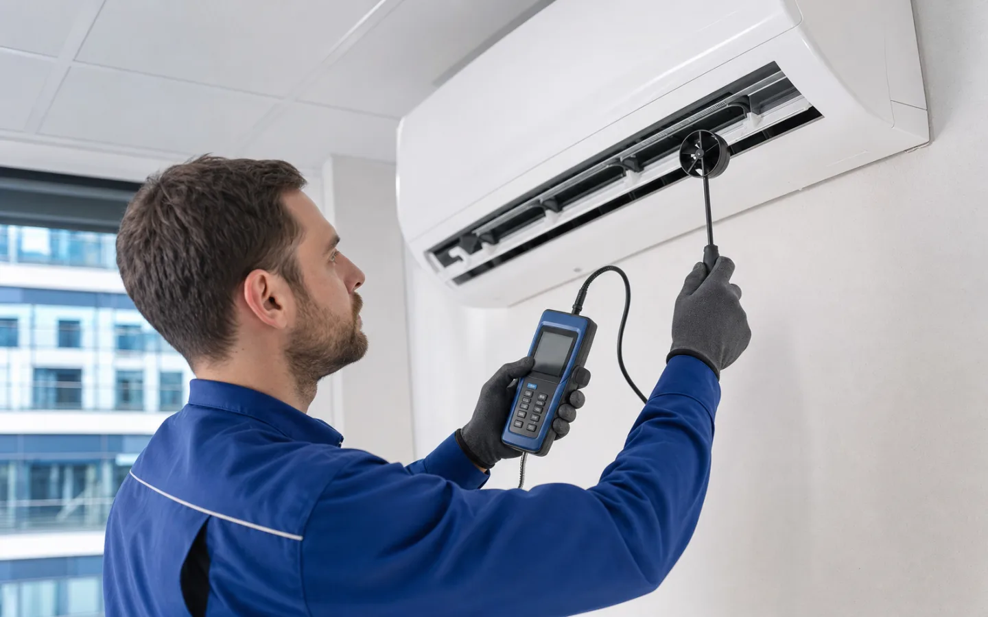 Techniker misst Luftgeschwindigkeit und Temperatur an einer Split-Klimaanlage
