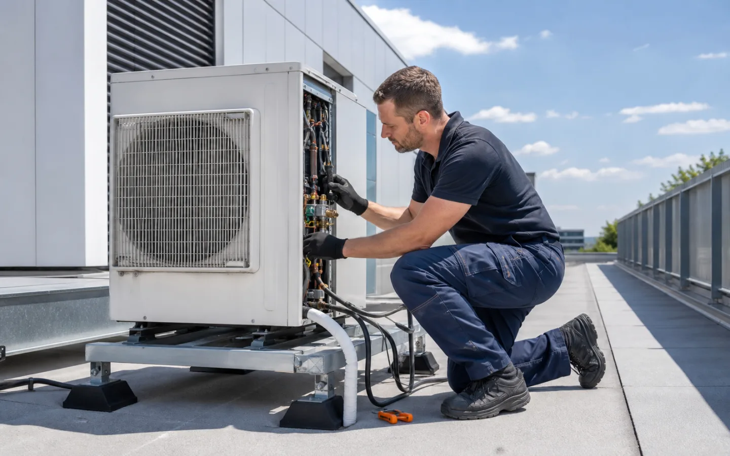 Techniker kontrolliert Außengerät, Luftweg und Anschlüsse einer Klimaanlage