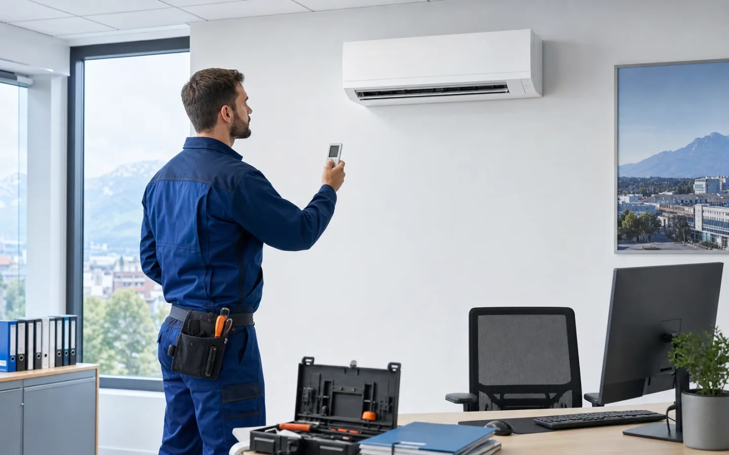 Techniker beobachtet eine häufig ein- und ausschaltende Split-Klimaanlage in einem Büro