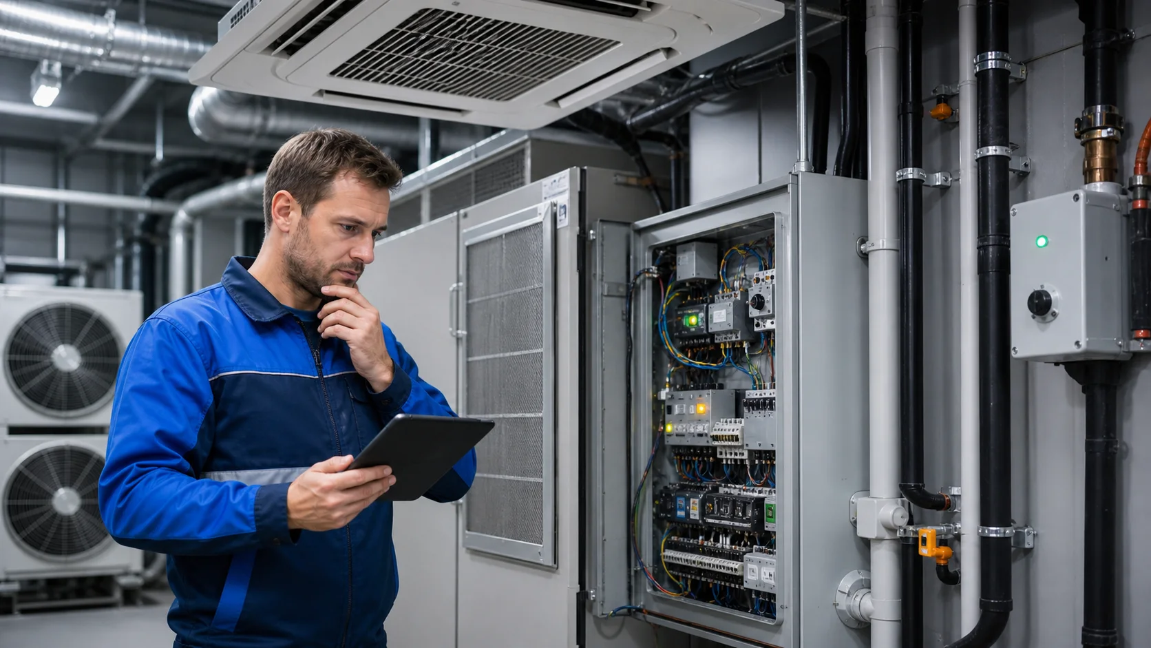 Gewerbliche Klimaanlage in einem Technikbereich, die durch häufiges Ein- und Ausschalten überwacht wird, mit sichtbarem Bedienpanel und Servicetechniker
