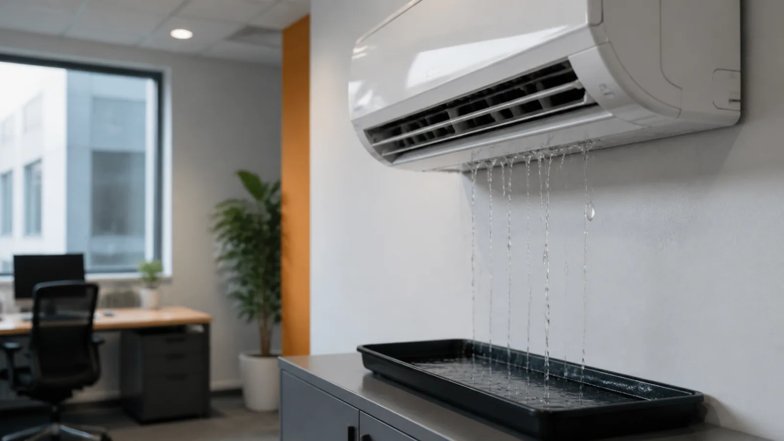 Innengerät einer Klimaanlage in einem Büro tropft Wasser in eine Auffangschale