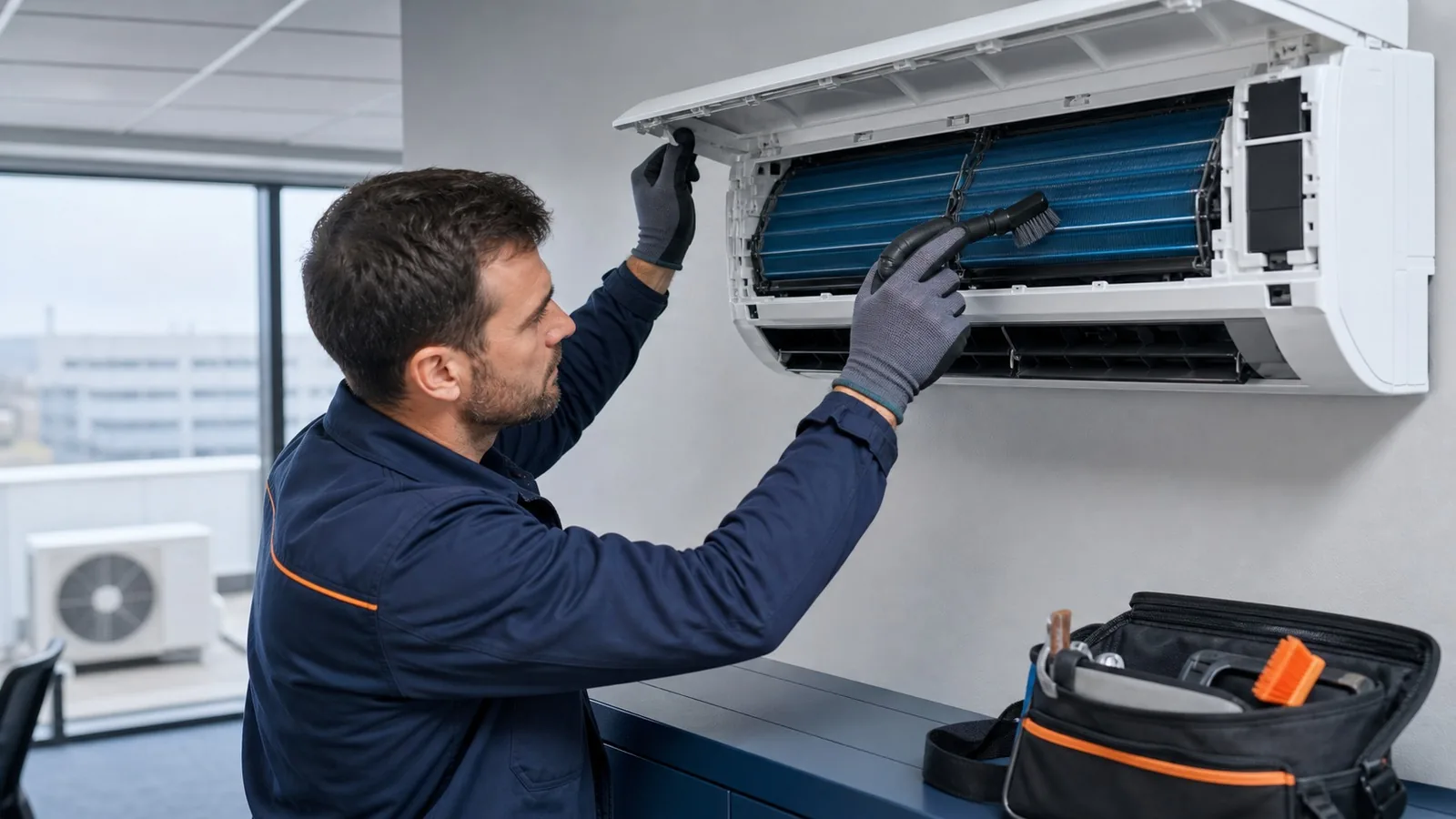 Servicetechniker wartet eine gewerbliche Split-Klimaanlage; Innen- und Außeneinheit werden gereinigt und gemessen